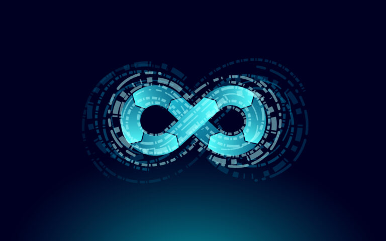 Devops software development operations infinity symbol. Programmer administration system life cycle quality. Coding building testing release monitoring