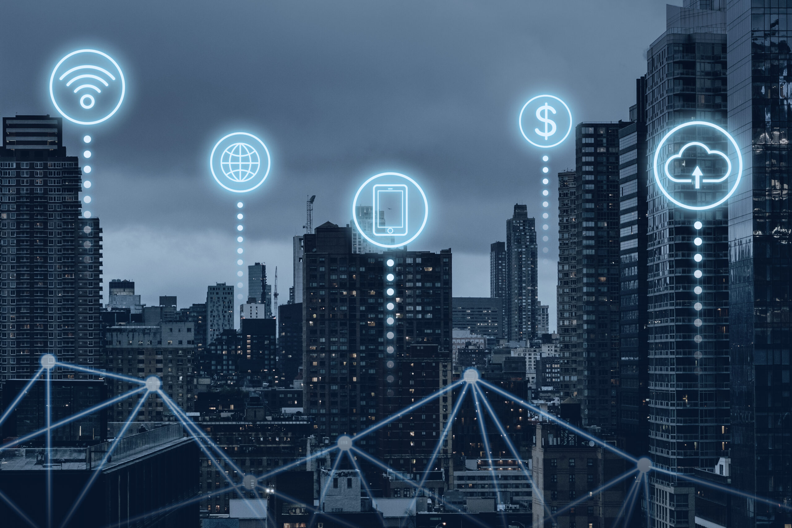 Futuristic smart city with 5G global network technology Futuristic smart city with 5G global network technology