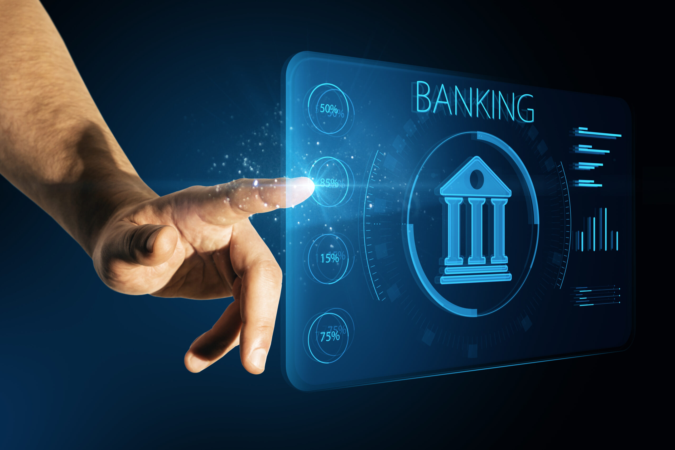 Male hand pointing at creative online banking hologram on blue blurry background. AI and automation concept. Double exposure Male hand pointing at creative online banking hologram on blue blurry background. AI and automation concept. Double exposure