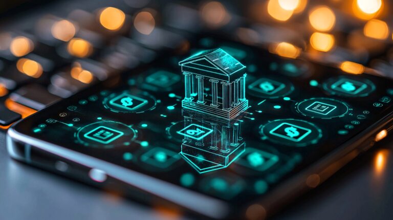 A smartphone projecting virtual financial services, with a person making a payment through holographic currency icons A smartphone projecting virtual financial services, with a person making a payment through holographic currency icons